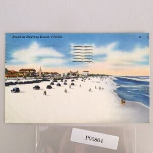 Daytona Beach Florida 1940s Linen Postcard 1962 FL PC Cars Swimmers Ocean